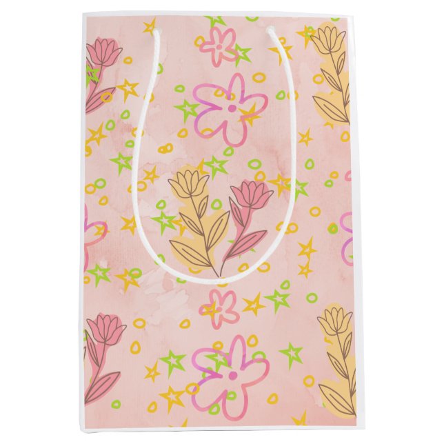 Minimal Floral Doodle Pattern –Pastel Pink pattern Medium Gift Bag (Front)