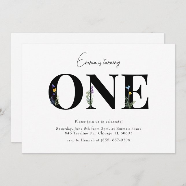 Minimal Floral First Birthday Invitation (Front/Back)
