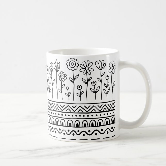 Minimal Floral Folk Pattern Mug – Boho Line Art (Right)