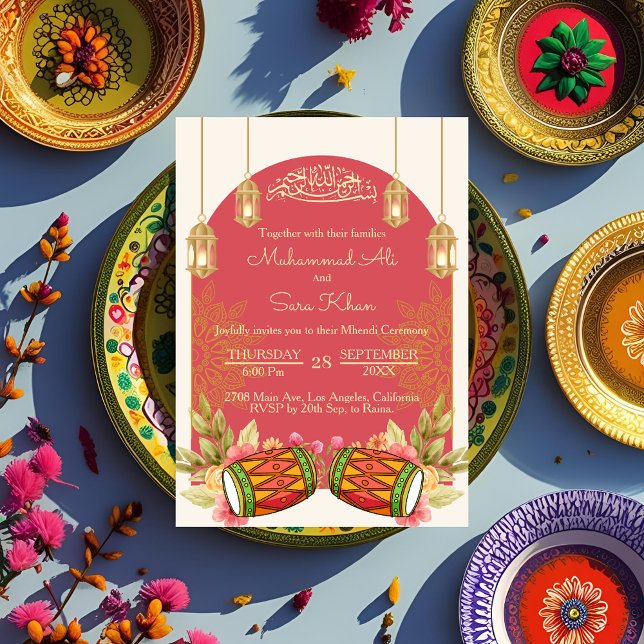Minimal Floral Pink Mehndi Night Ceremony Henna Invitation (Creator Uploaded)