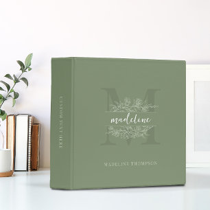 Minimal Floral Sketch Sage Green Monogram Binder
