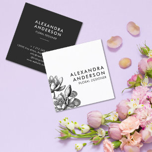 Minimal Floral Waterlily Black and White Lotus Square Business Card