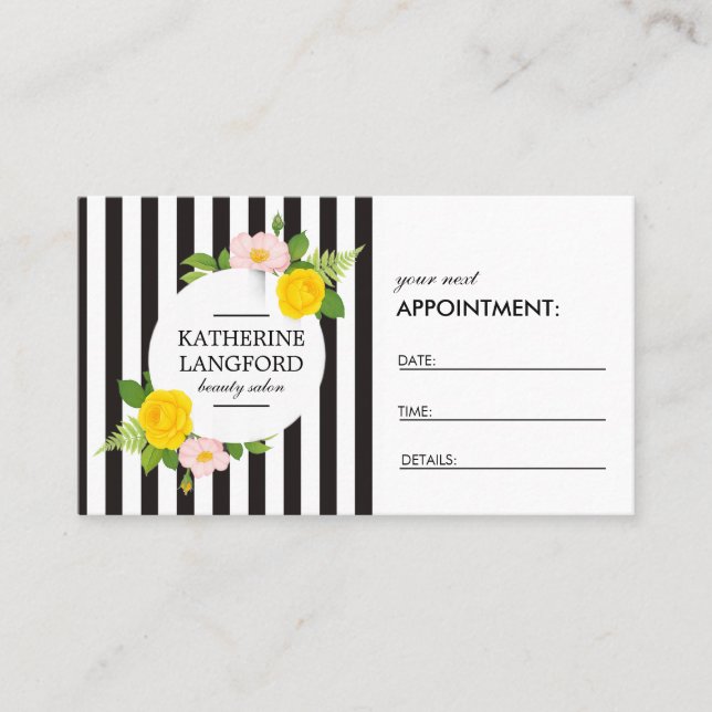 Minimal Floral Wreath Black Striped Salon Appointment Card (Front)