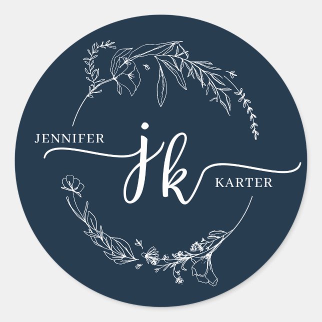 Minimal Floral Wreath Navy Blue Monogram Wedding Classic Round Sticker (Front)