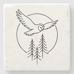 Minimal Flying Owl Over Pines – Forest Line Art Il Stone Coaster