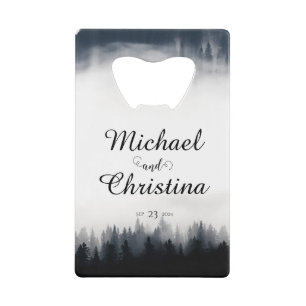 Minimal foggy spruce forest nature wedding credit card bottle opener