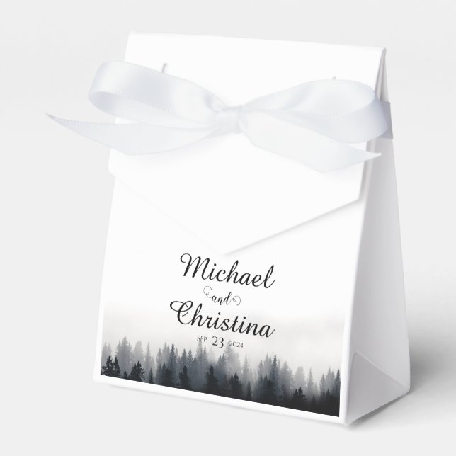Minimal foggy spruce forest nature wedding favor box (Front Side)
