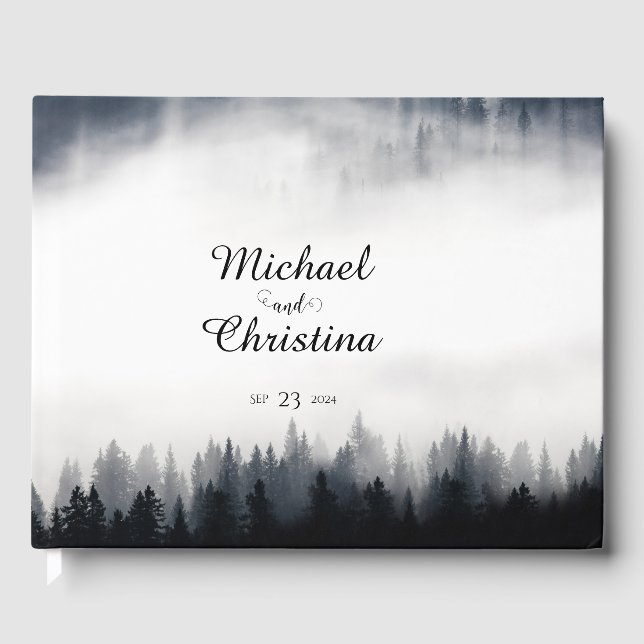 Minimal foggy spruce forest nature wedding guest book (Front)
