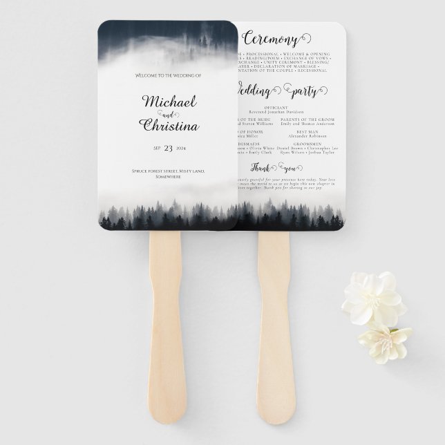 Minimal foggy spruce forest nature wedding hand fan (Front and Back)