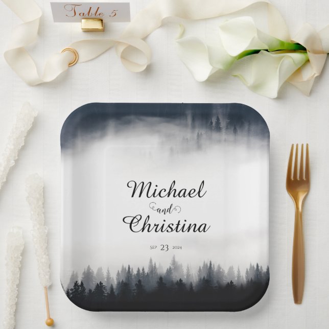 Minimal foggy spruce forest nature wedding paper plate (Wedding)