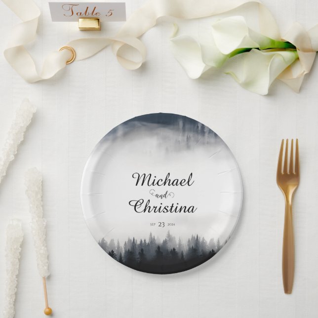Minimal foggy spruce forest nature wedding paper plate (Wedding)