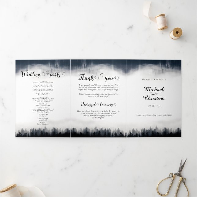 Minimal foggy spruce forest nature wedding Tri-Fold programme (Outside)