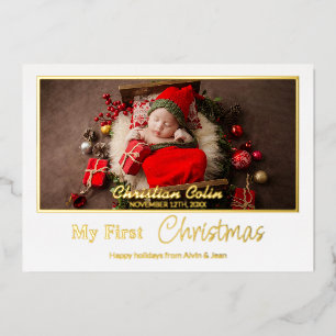 Minimal Foil My First Christmas Baby Birth Photo F Holiday Card