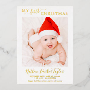 Minimal Foil My First Christmas Baby Birth Photo Holiday Card