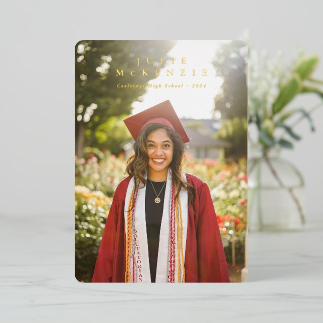 Minimal Foil Text Graduation Photo Announcement (Standing Front)