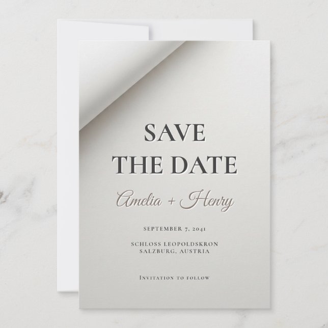 Minimal Folded Shadow Modern Save the Date Card (Front)