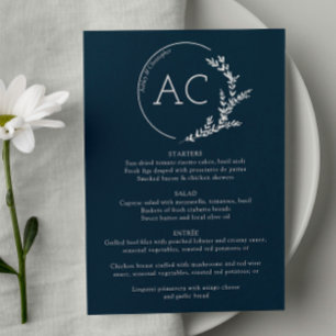 Minimal Foliage Frame Navy Blue Wedding Reception Menu