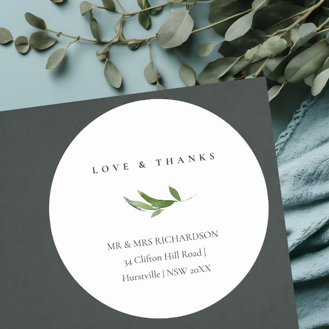 Minimal Foliage Greenery Address Love & Thanks Classic Round Sticker (Creator Uploaded)