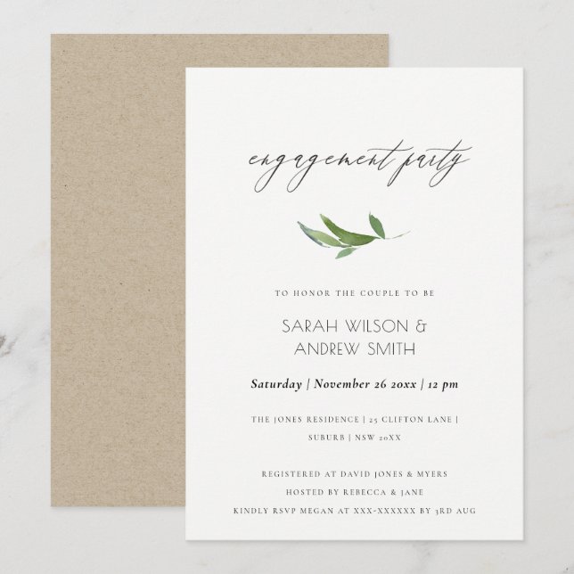 MINIMAL FOLIAGE GREENERY GOLD FRAME ENGAGEMENT INVITATION (Front/Back)