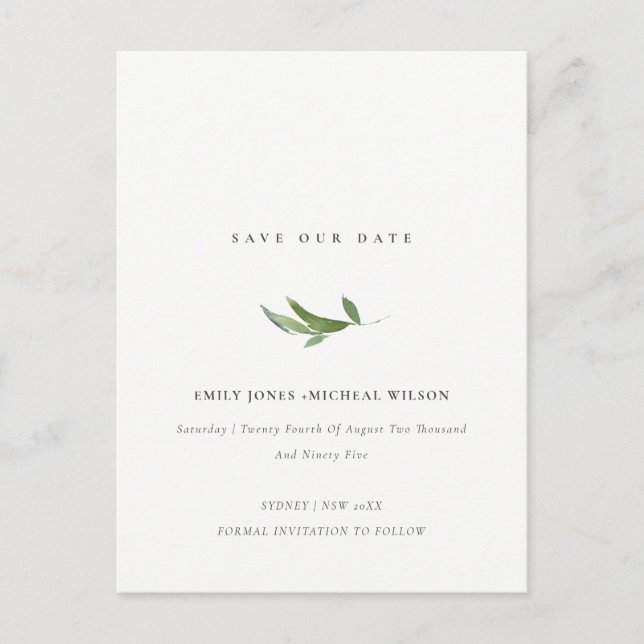 MINIMAL FOLIAGE GREENERY WATERCOLOR SAVE THE DATE ANNOUNCEMENT POSTCARD (Front)