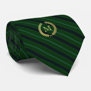 Minimal Framed Gold Monogram Green   Navy Striped Tie