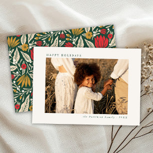 Minimal Front Colourful Folk Floral Christmas Phot Holiday Card