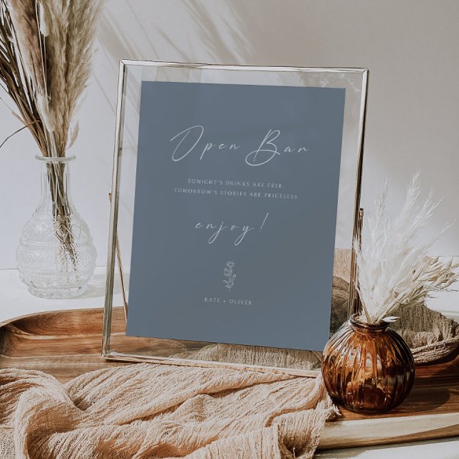 Minimal Funny Dusty Blue Wedding Open Bar Sign (Creator Uploaded)