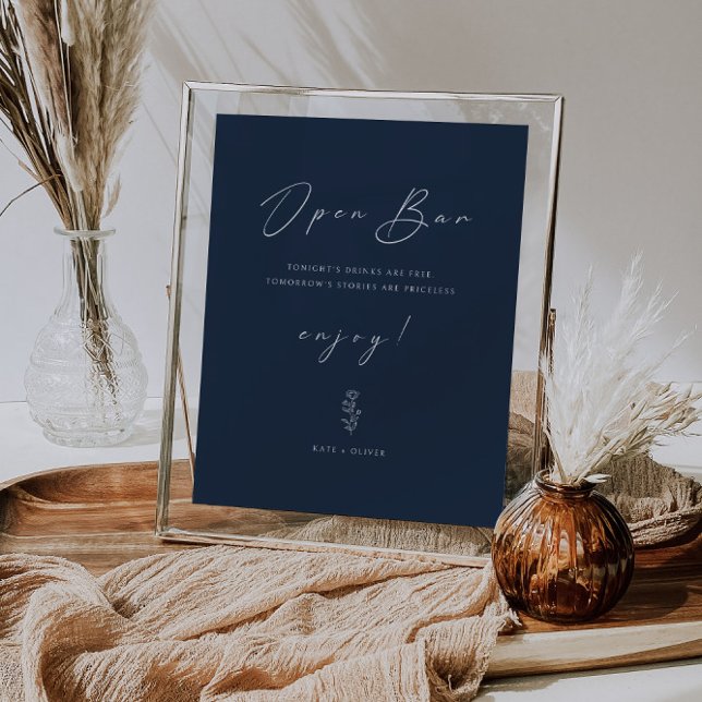 Minimal Funny Navy Blue Wedding Open Bar Sign (Creator Uploaded)