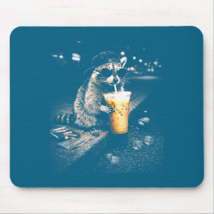 Minimal Funny Raccoon Drinking Iced Coffee Mouse Pad