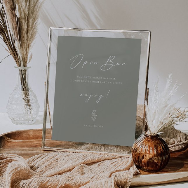 Minimal Funny Sage Green Wedding Open Bar Sign (Creator Uploaded)