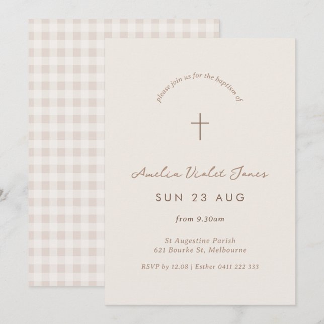 Minimal Gingham Baptism Christening Cross Invite (Front/Back)