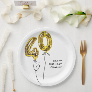 Minimal Gold 40 Balloon 40th Birthday Party Paper Plate