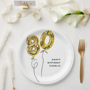Minimal Gold 80 Balloon 80th Birthday Party Paper Plate