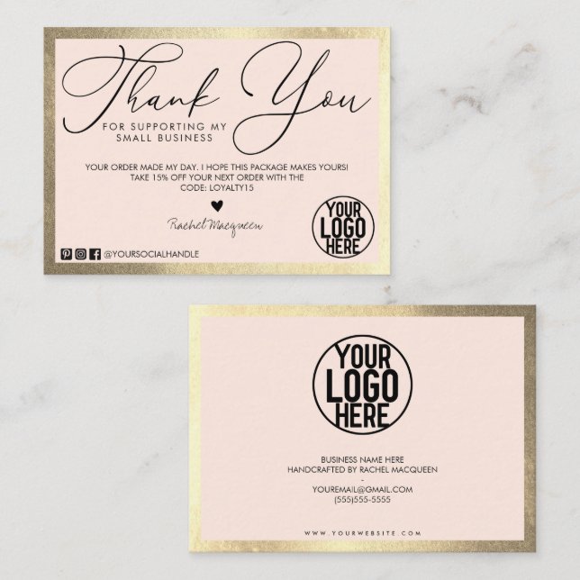 Minimal Gold Blush Pink Script Customer Thank You Business Card (Front/Back)