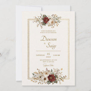 Minimal Gold & Burgundy Floral Wedding  Invitation