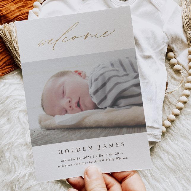 Minimal Gold Calligraphy Scripted Welcome Birth Announcement (Creator Uploaded)