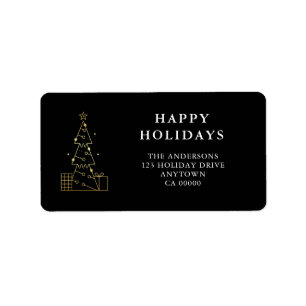 Minimal Gold Christmas Tree Black Return Address Label