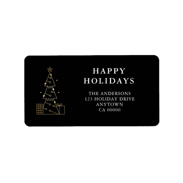 Minimal Gold Christmas Tree Black Return Address Label (Front)