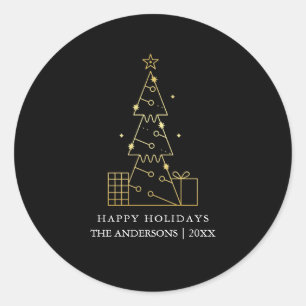 Minimal Gold Christmas Tree Modern Black Classic Round Sticker