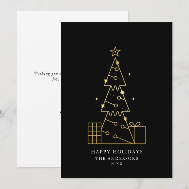 Minimal Gold Christmas Tree Modern Black Holiday Card (Front/Back)