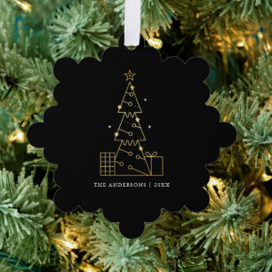 Minimal Gold Christmas Tree Modern Black Ornament Card