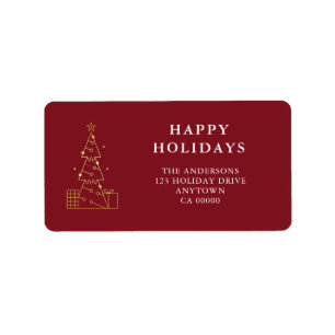Minimal Gold Christmas Tree Red Return Address Label