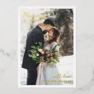Minimal Gold Foil Typography Married Bright Photo Holiday Card