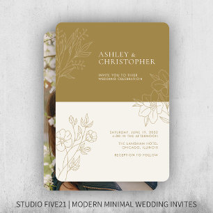 Minimal Gold Foliage Outline Photo Wedding Invitation