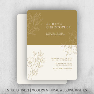 Minimal Gold Foliage Outline Wedding Invitation