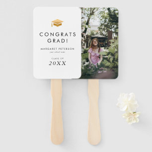 Minimal Gold Grad Cap Congrats Photo Graduation Hand Fan