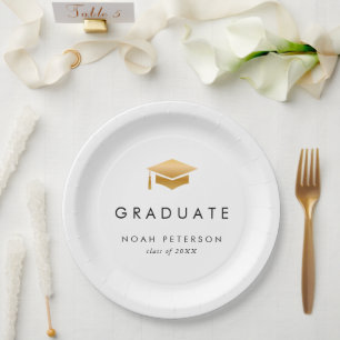 Minimal Gold Grad Cap Modern Graduation Party Paper Plate