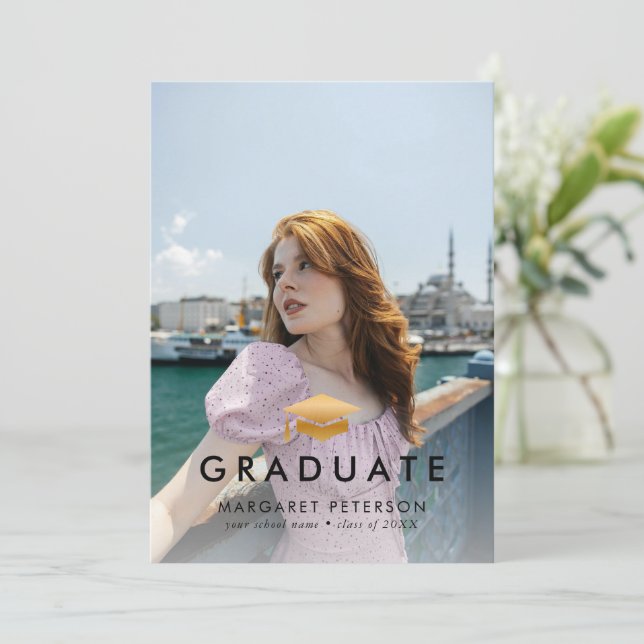 Minimal Gold Grad Cap Photo Collage Graduation Announcement (Standing Front)