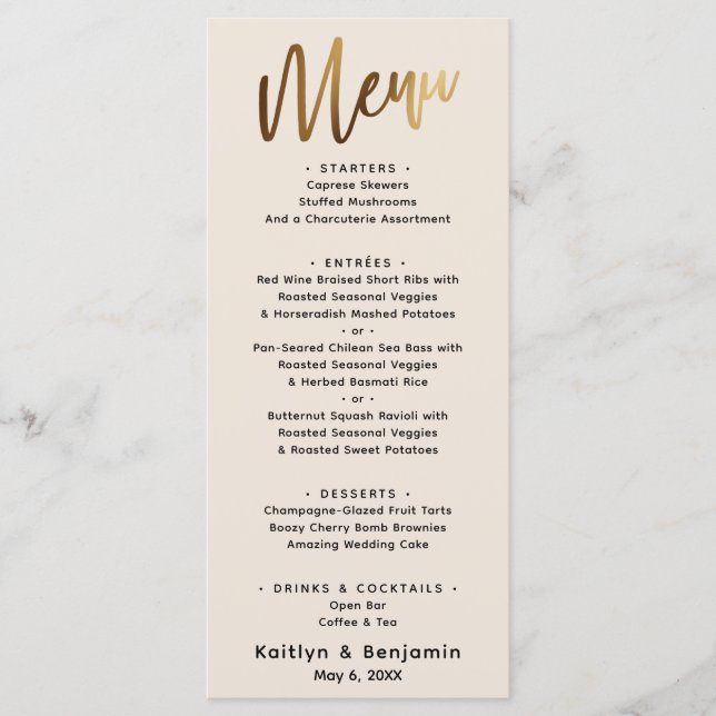 Minimal Gold Handwriting Simple Type Cream Menu (Front)