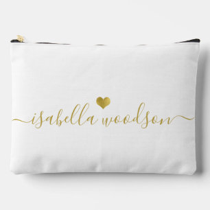 Minimal Gold Heart Script Signature Name  Accessory Pouch